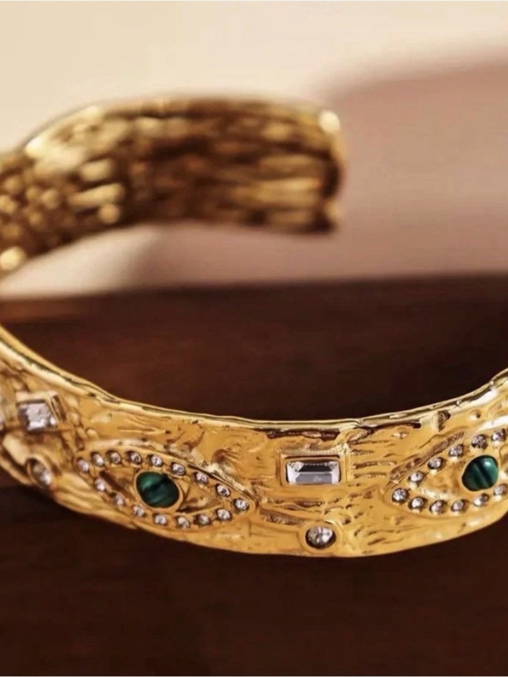 Gold-Tone Cuff Bracelet with Green Stone Accents